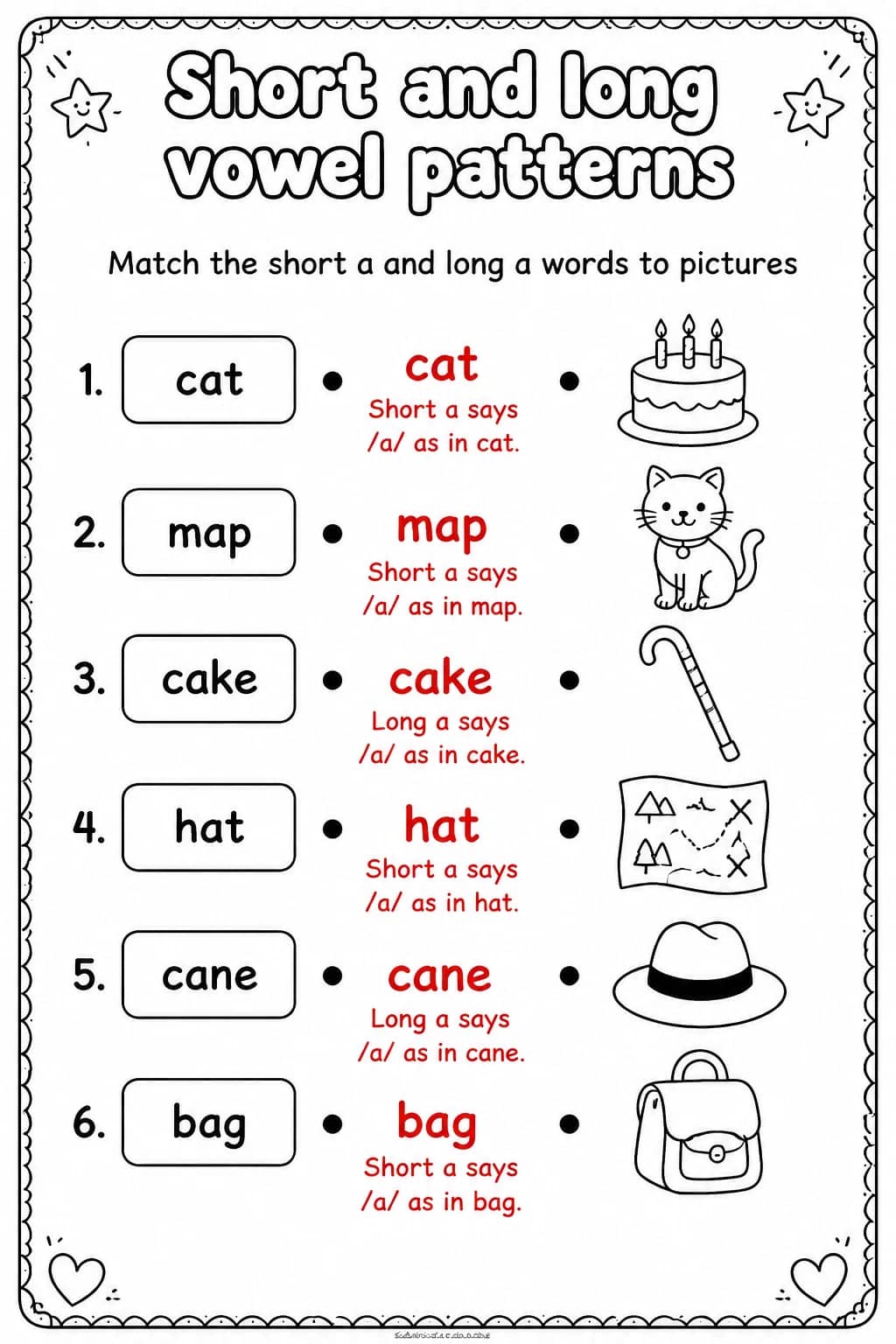 Answer key for Match the short a and long a words to pictures — free printable English & Reading worksheet