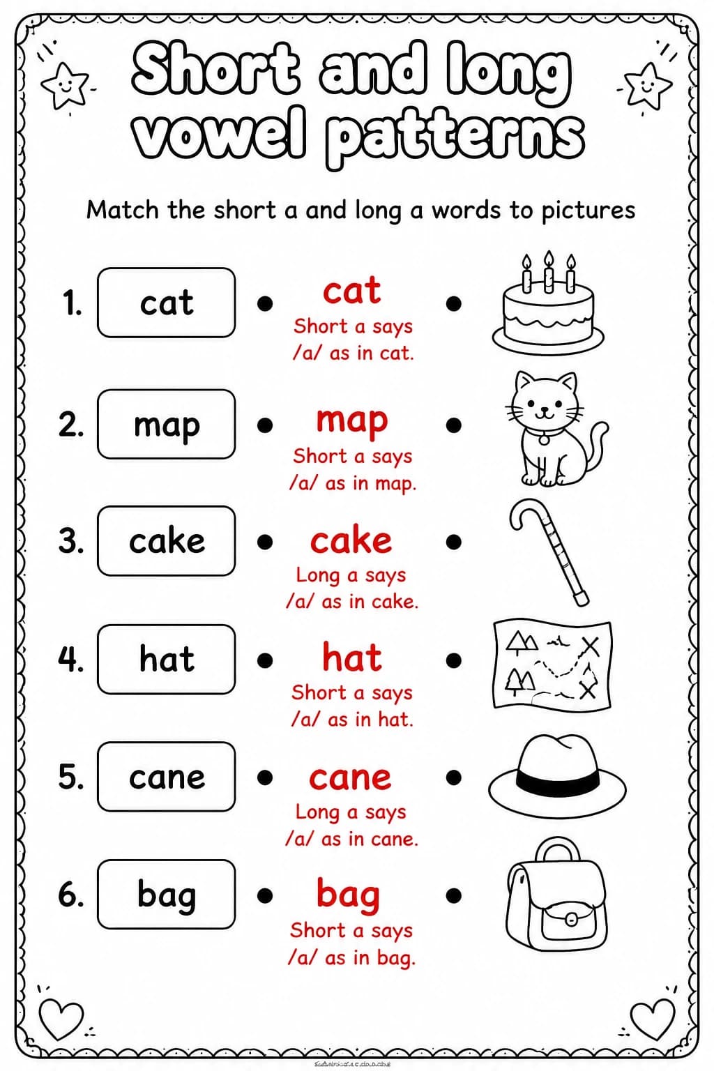 Answer key for Match the short a and long a words to pictures — free printable English & Reading worksheet