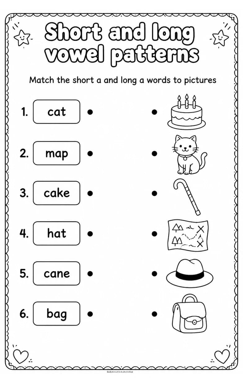 Match the short a and long a words to pictures — free printable Reading foundations English worksheet