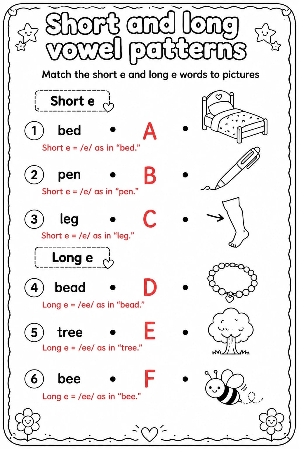 Answer key for Match the short e and long e words to pictures — free printable English & Reading worksheet