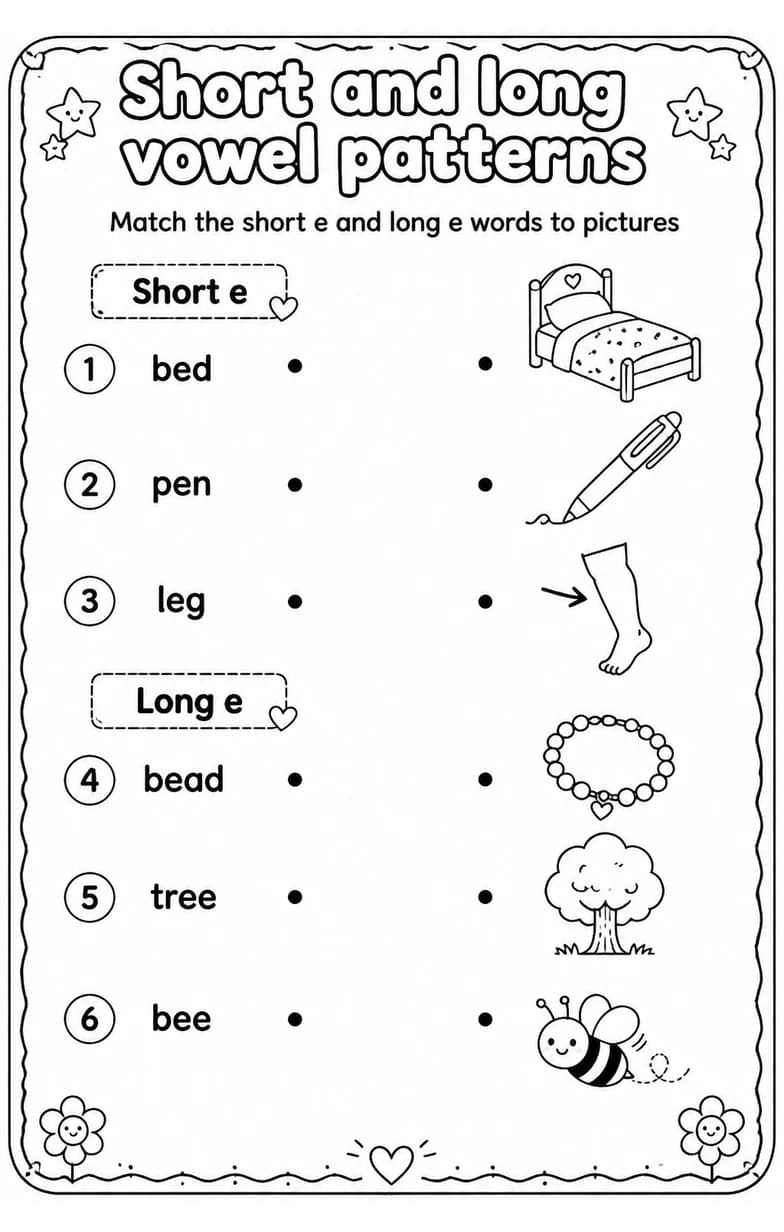 Match the short e and long e words to pictures — free printable Grade 1 English & Reading worksheet