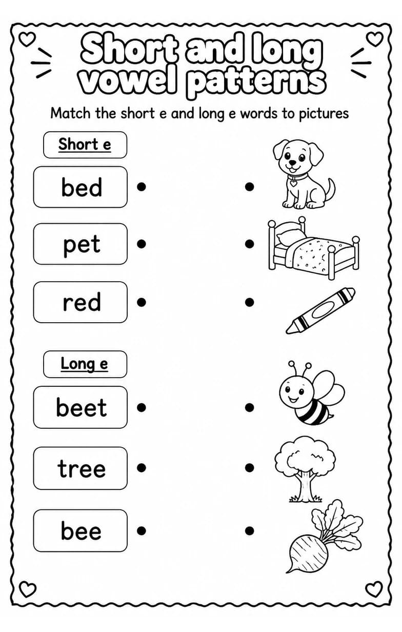 Match the short e and long e words to pictures — free printable Reading foundations English worksheet