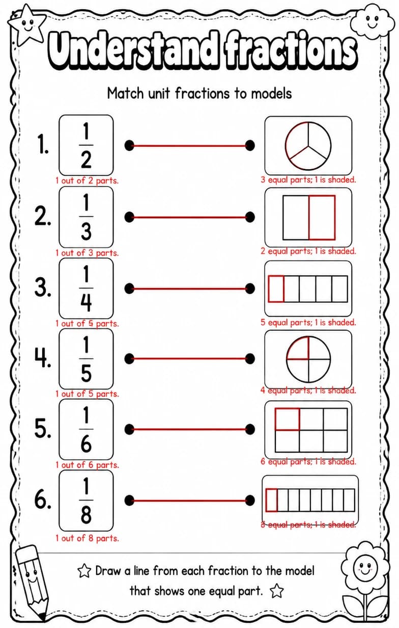 Answer key for Match unit fractions to models — free printable Math worksheet
