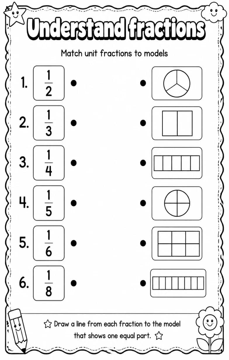 Match unit fractions to models — free printable Grade 3 math worksheet