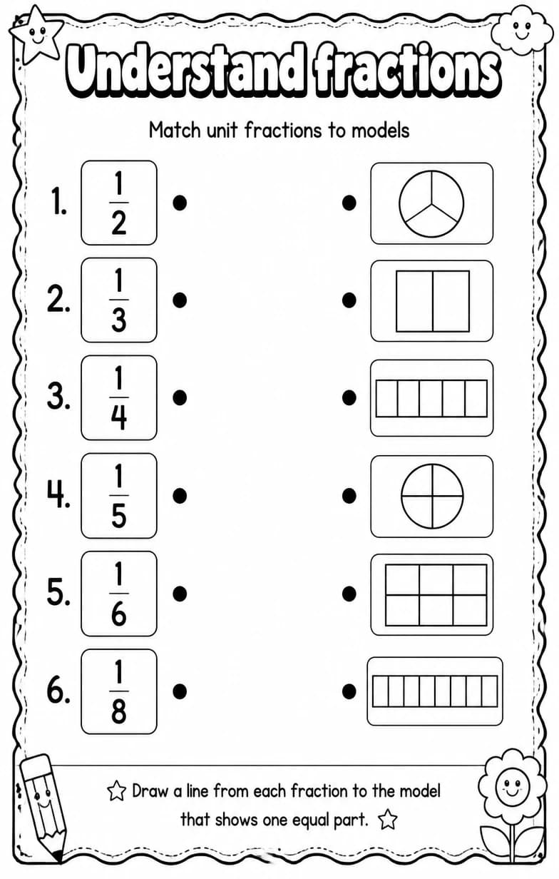 Match unit fractions to models — free printable Grade 3 math worksheet