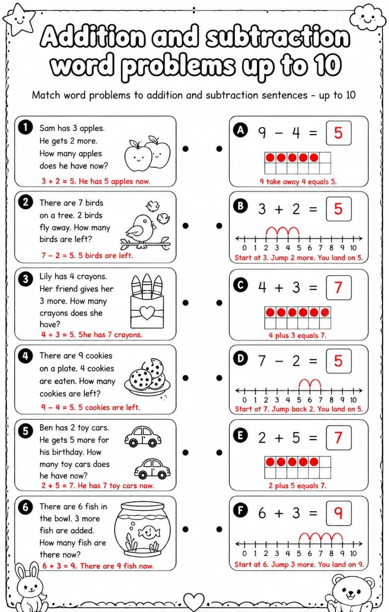 Answer key for Match word problems to addition and subtraction sentences - up to 10 — free printable Math worksheet