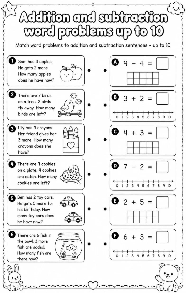 Match word problems to addition and subtraction sentences - up to 10 — free printable Grade 1 math worksheet