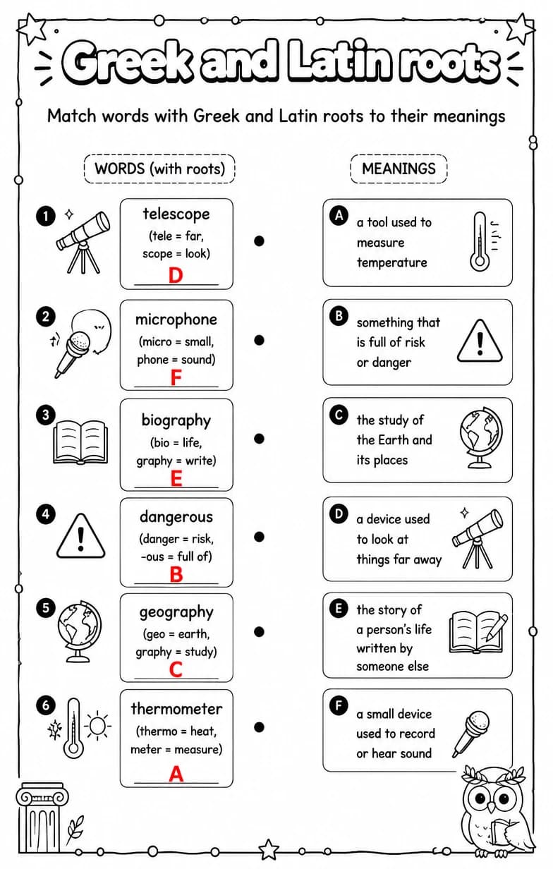 Answer key for Match words with Greek and Latin roots to their meanings — free printable English & Reading worksheet