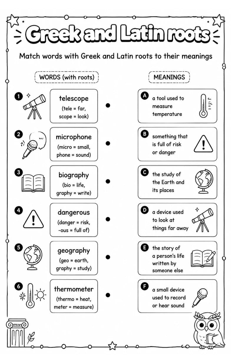 Match words with Greek and Latin roots to their meanings — free printable Vocabulary English worksheet