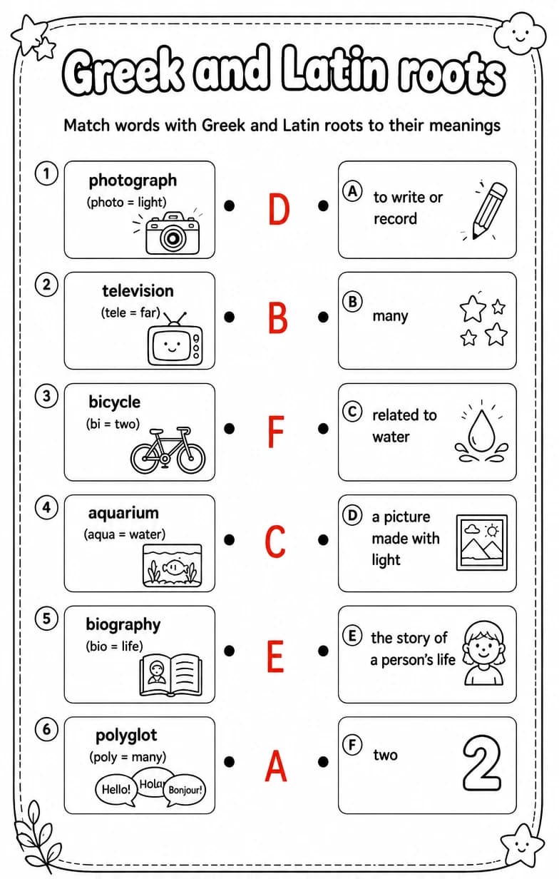 Answer key for Match words with Greek and Latin roots to their meanings — free printable English & Reading worksheet