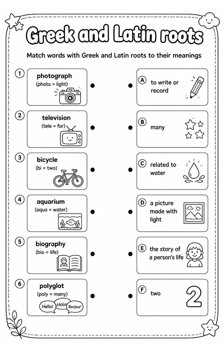 Match words with Greek and Latin roots to their meanings — free printable Vocabulary English worksheet