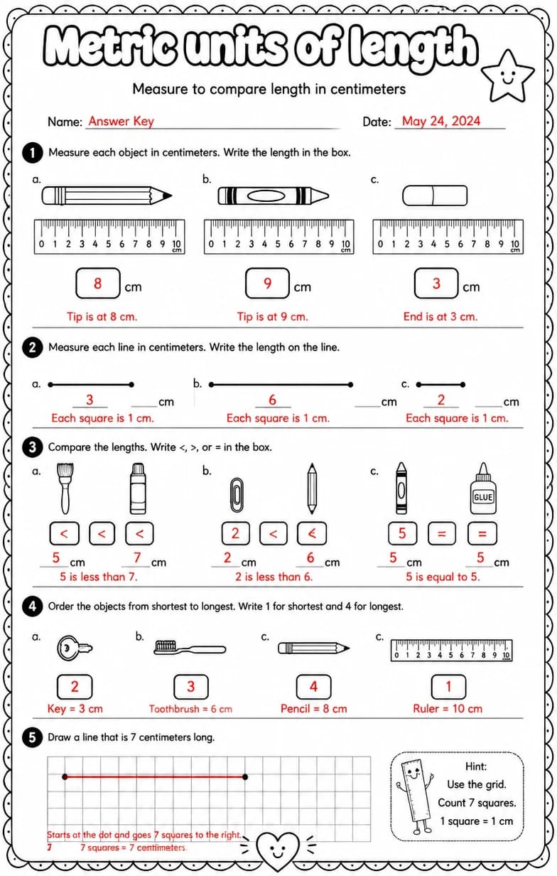 Answer key for Measure to compare length in centimeters — free printable Math worksheet