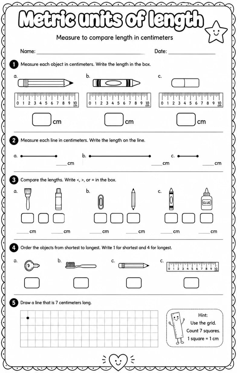 Measure to compare length in centimeters — free printable Grade 2 math worksheet
