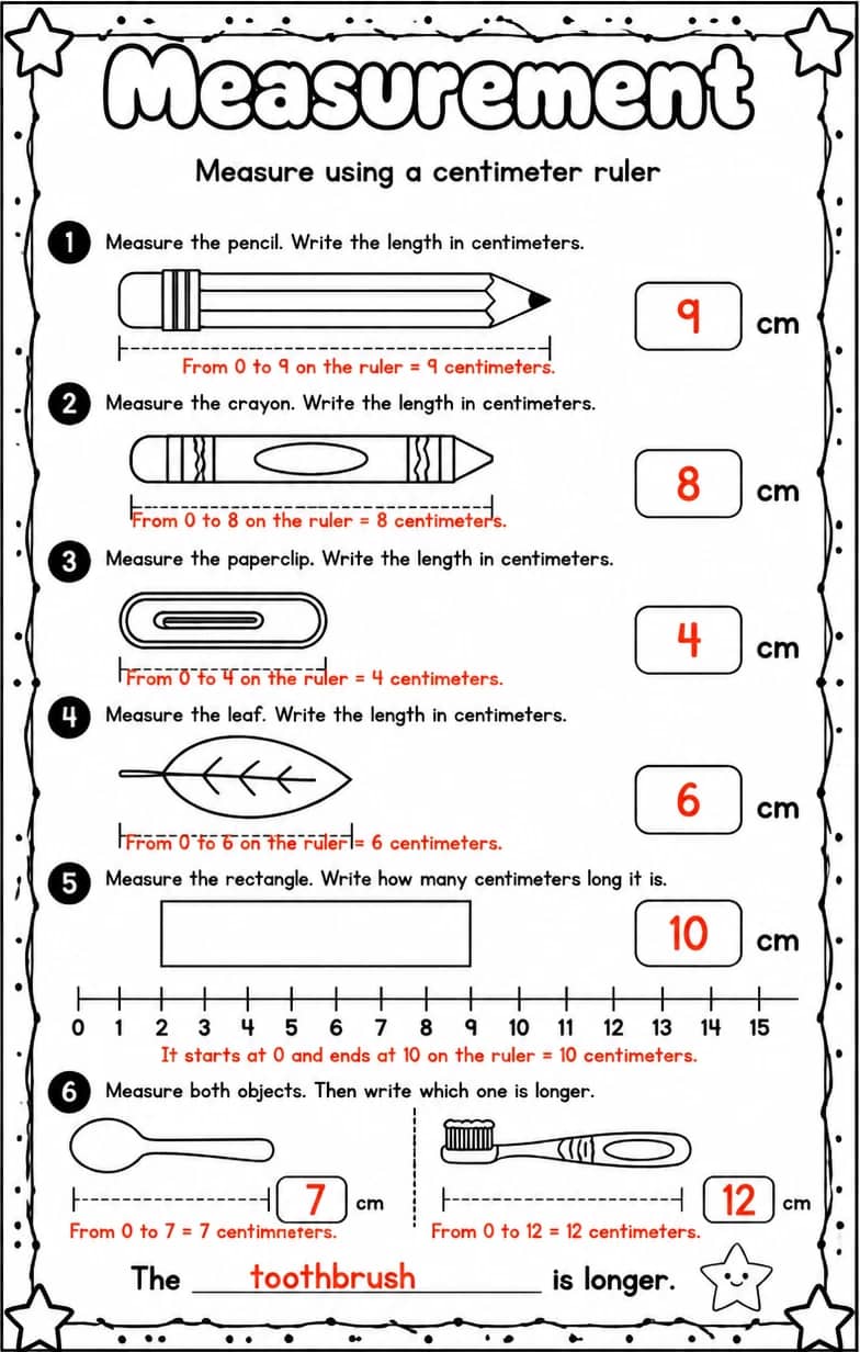 Answer key for Measure using a centimeter ruler — free printable Math worksheet