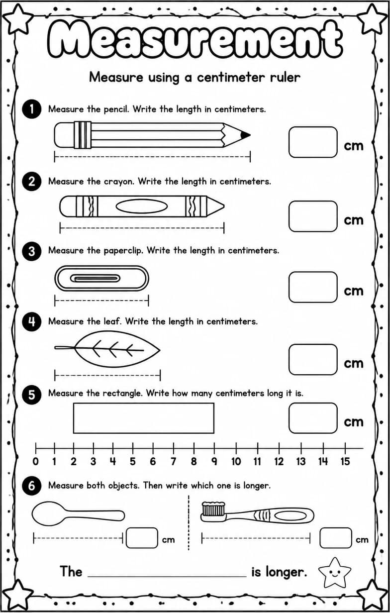 Measure using a centimeter ruler — free printable Grade 1 math worksheet