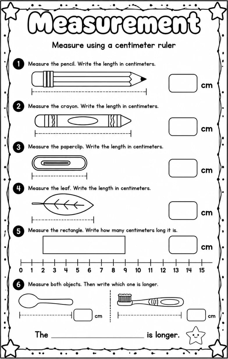 Measure using a centimeter ruler — free printable Grade 1 Math worksheet
