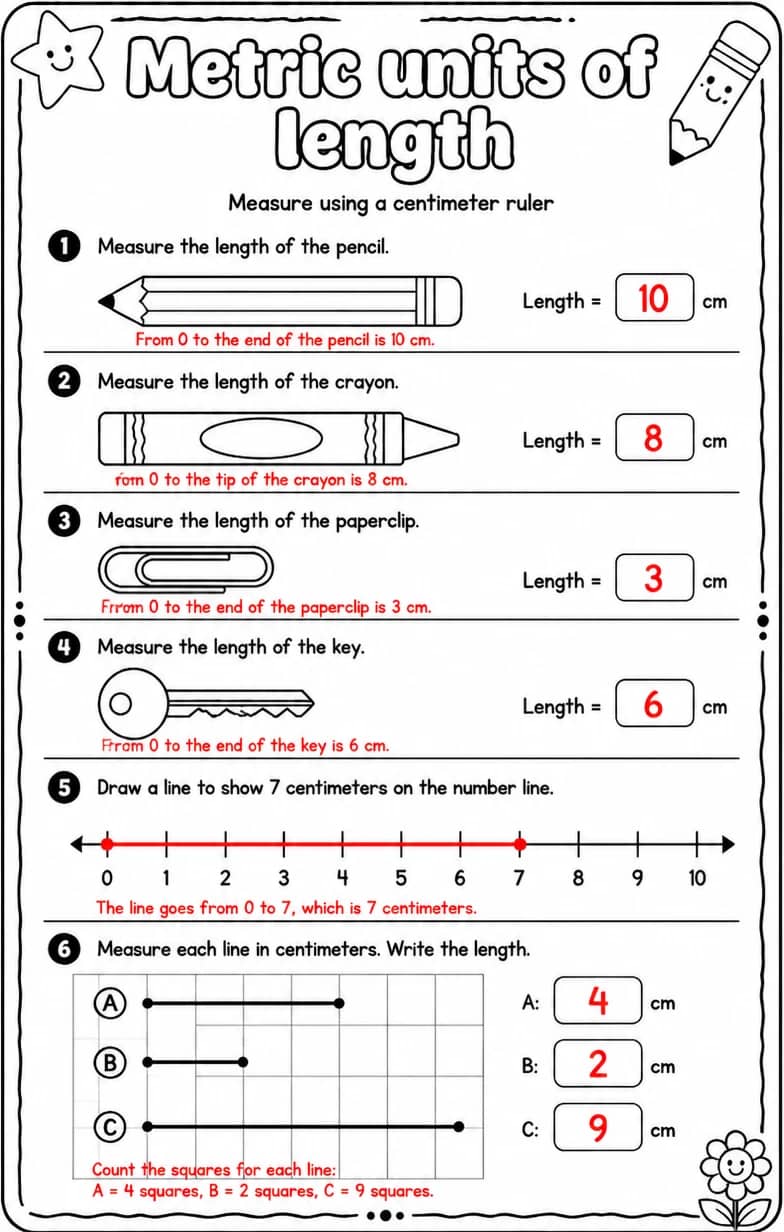 Answer key for Measure using a centimeter ruler — free printable Math worksheet