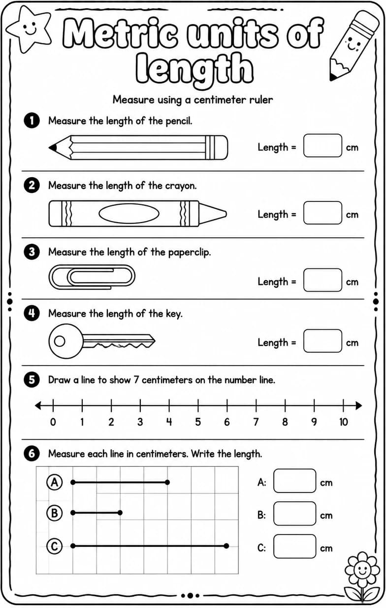 Measure using a centimeter ruler — free printable Grade 2 Math worksheet