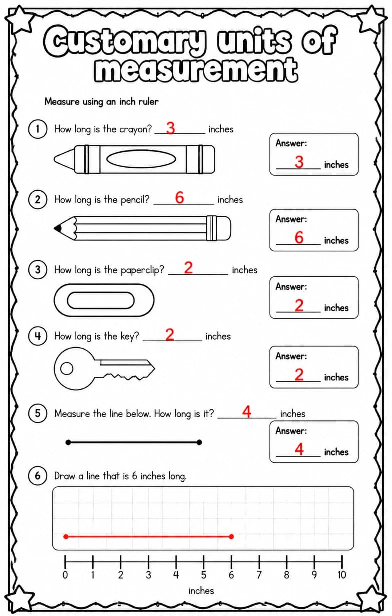 Answer key for Measure using an inch ruler — free printable Math worksheet