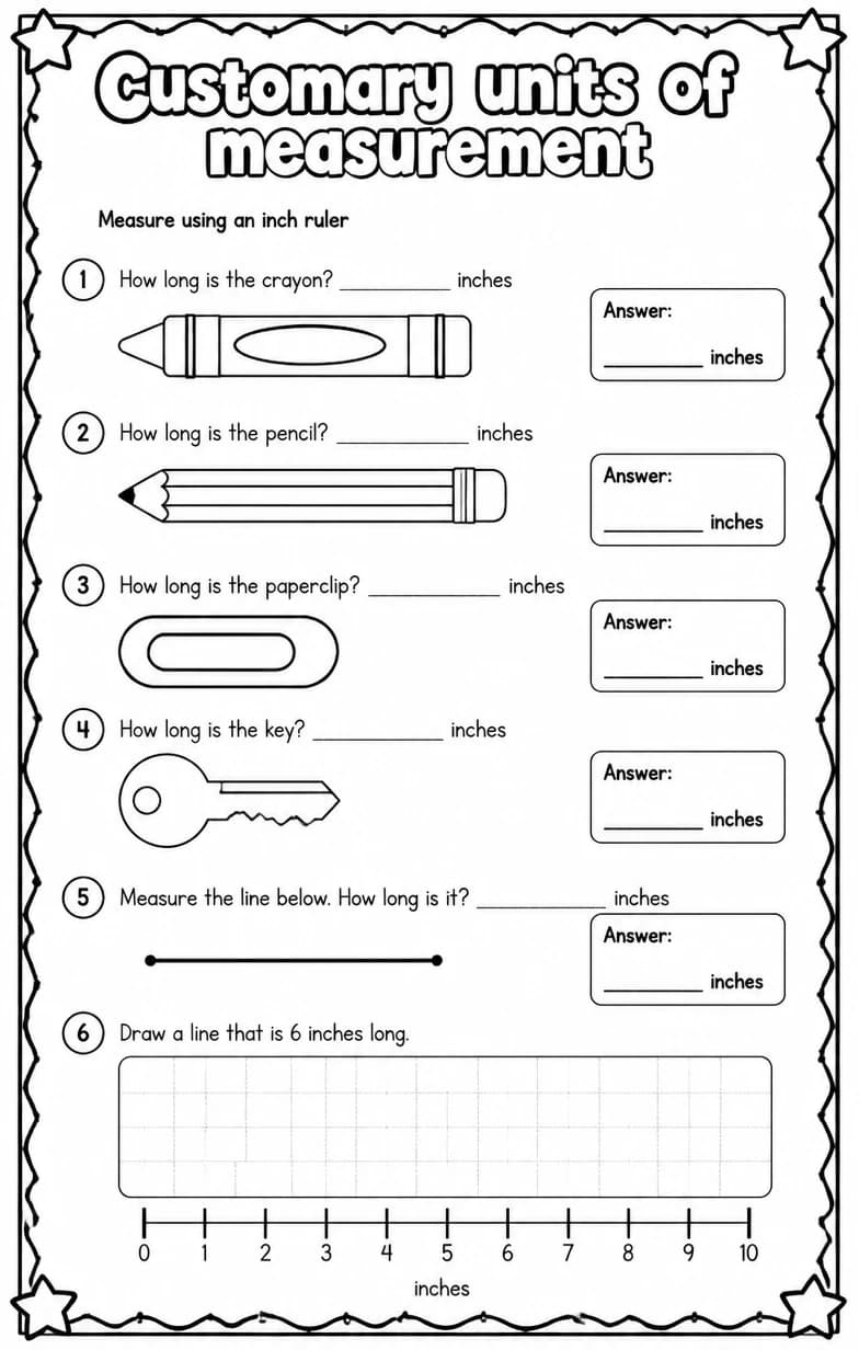 Measure using an inch ruler — free printable Grade 4 math worksheet