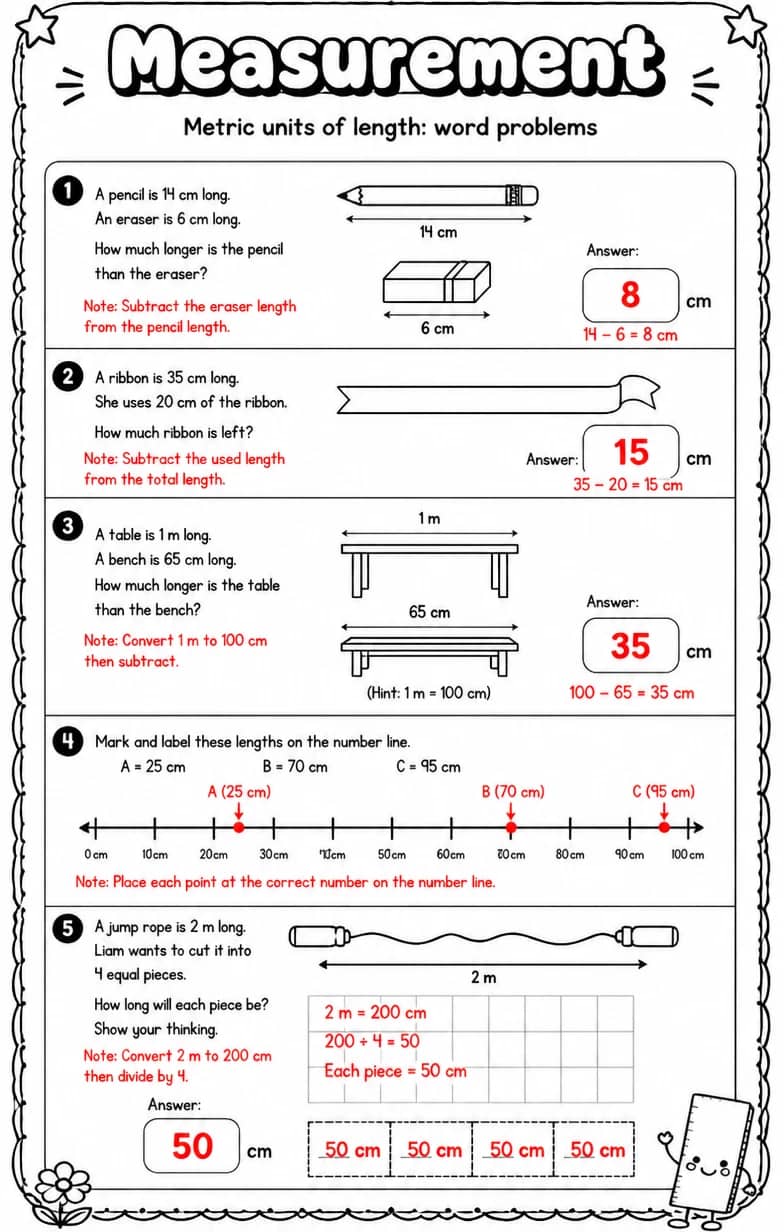 Answer key for Metric units of length: word problems — free printable Math worksheet
