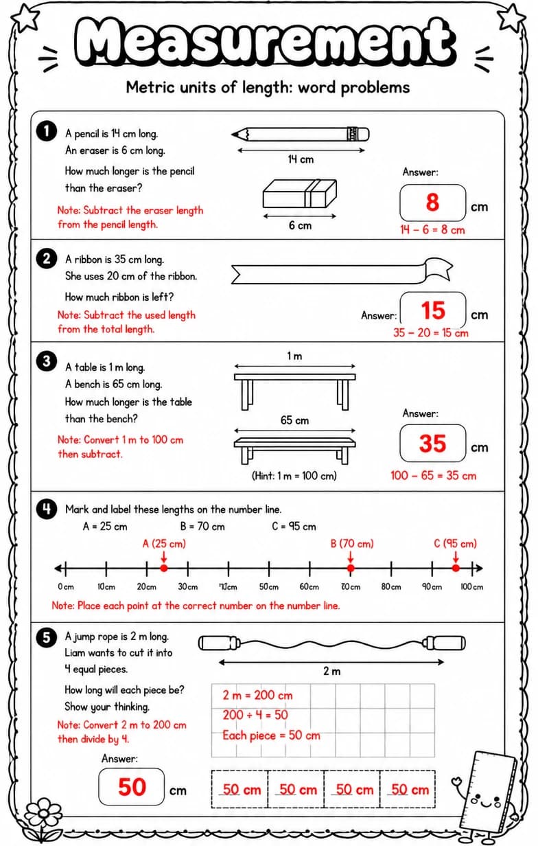 Answer key for Metric units of length: word problems — free printable Math worksheet