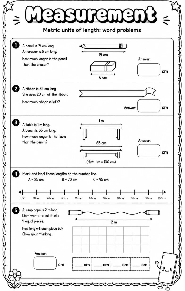 Metric units of length: word problems — free printable Grade 1 math worksheet