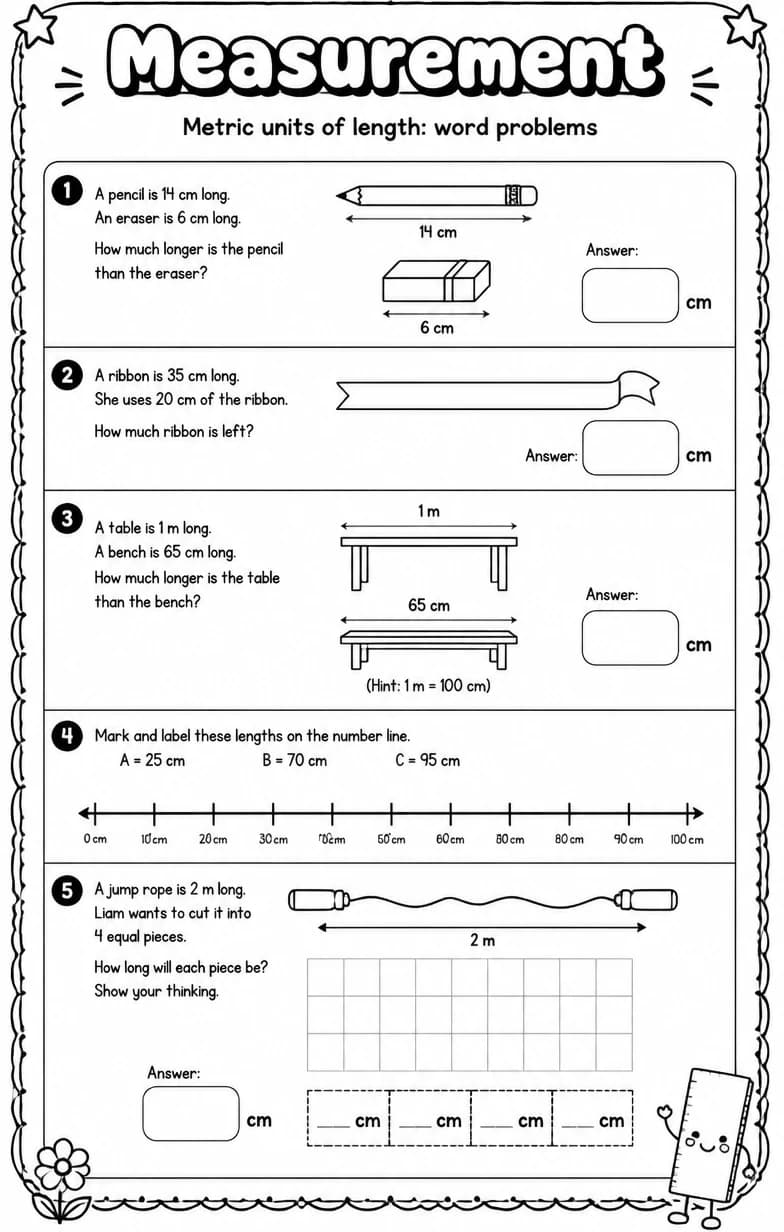 Metric units of length: word problems — free printable Grade 1 math worksheet