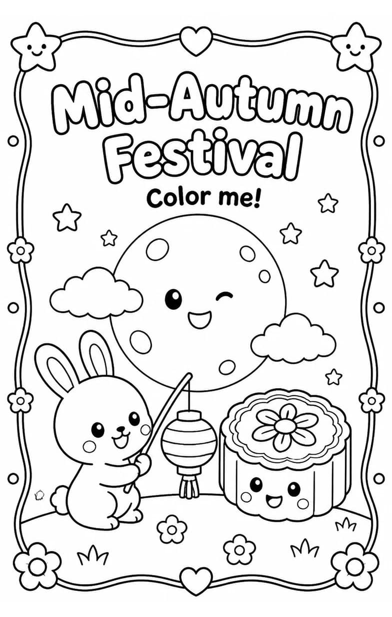 Mid-Autumn Festival Coloring Pages — free printable Kindergarten Art worksheet