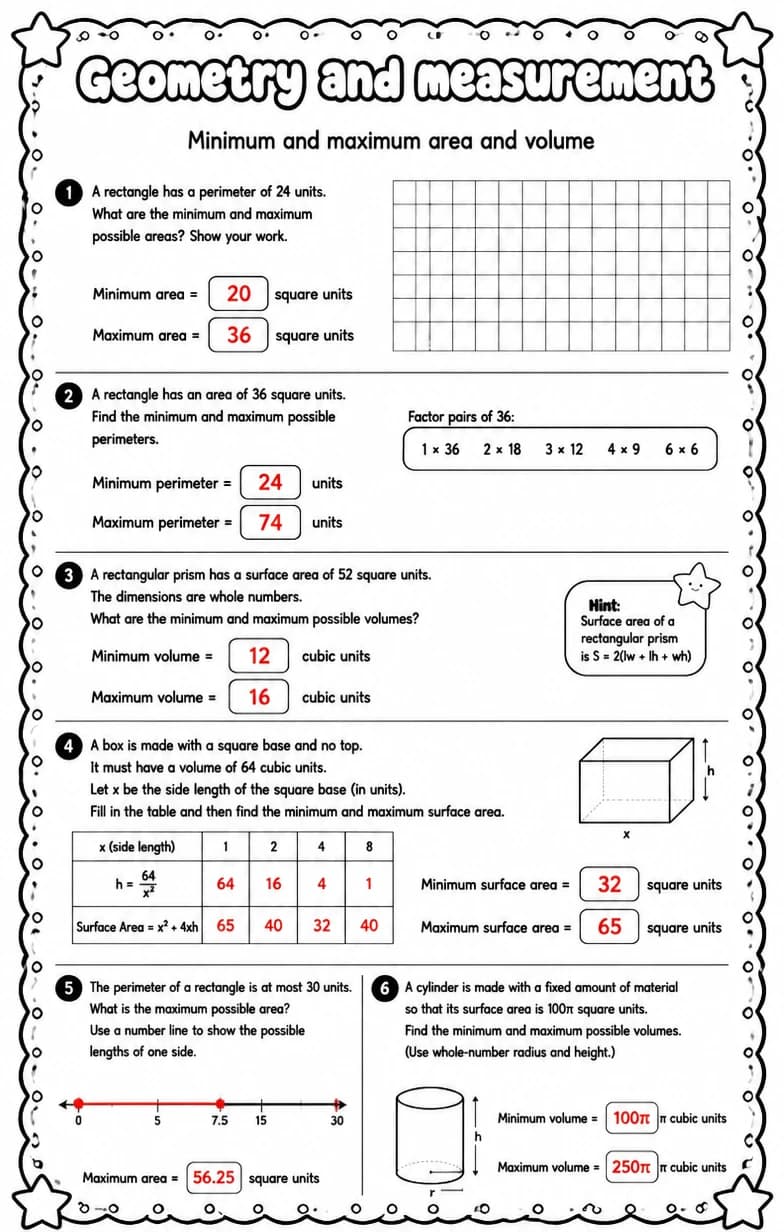 Answer key for Minimum and maximum area and volume — free printable Math worksheet