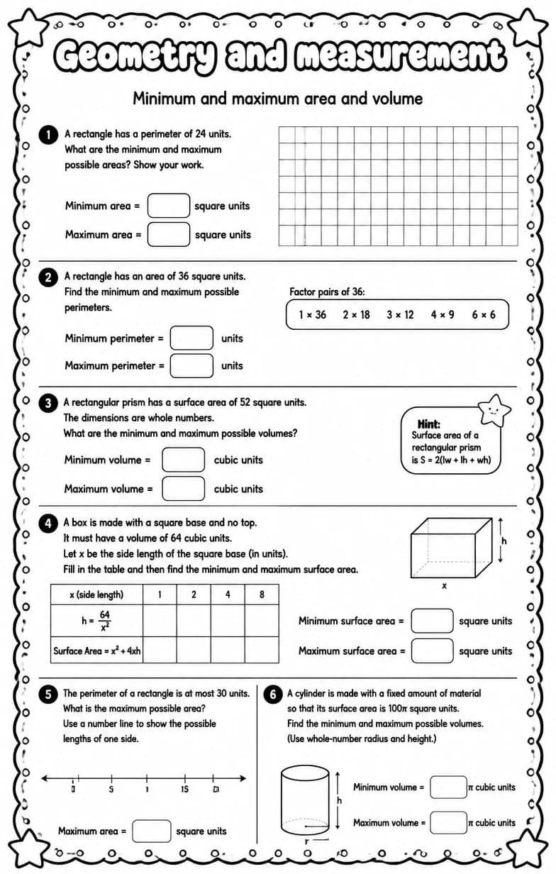 Minimum and maximum area and volume — free printable Algebra 1 math worksheet