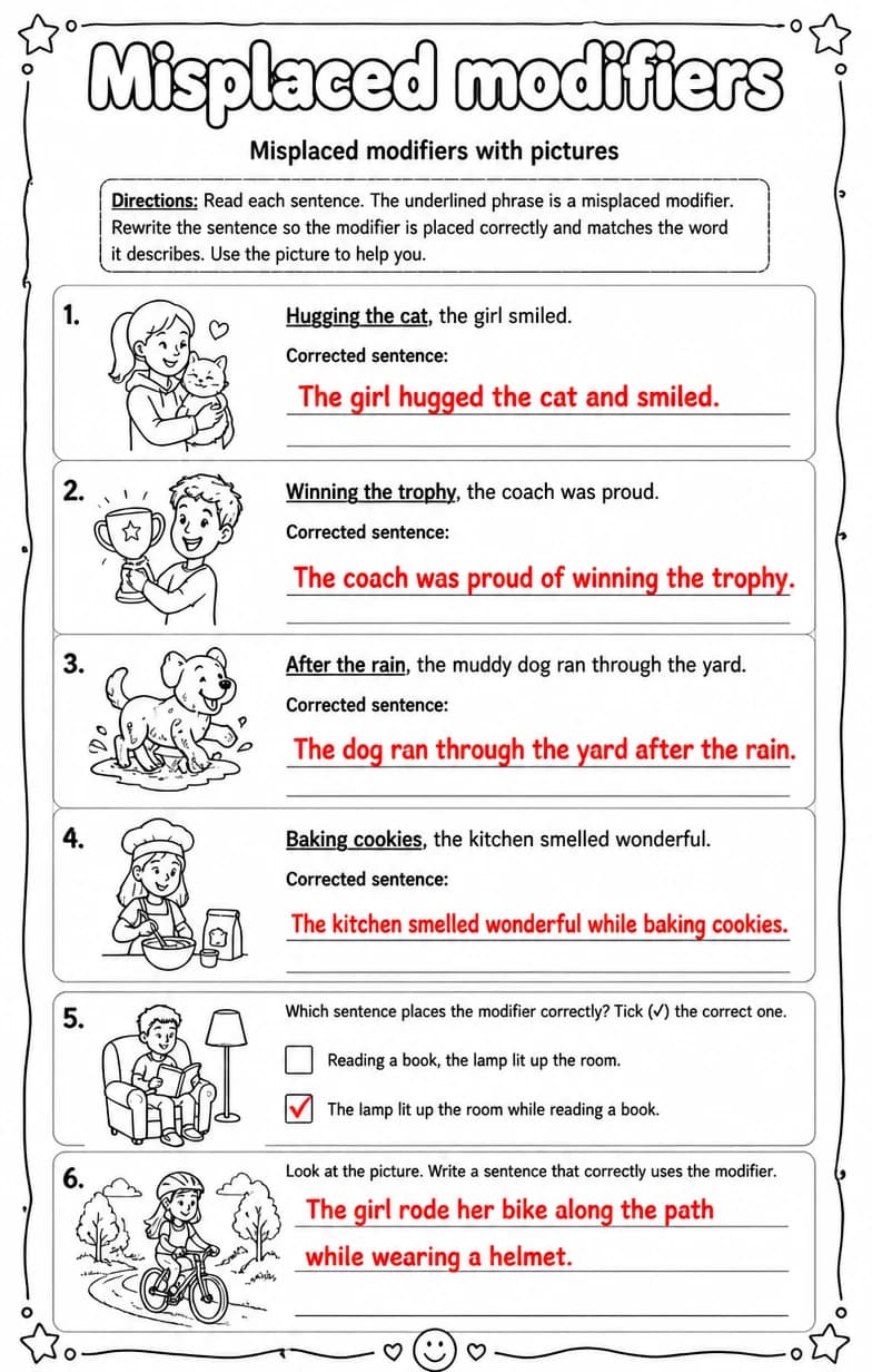 Answer key for Misplaced modifiers with pictures — free printable English & Reading worksheet