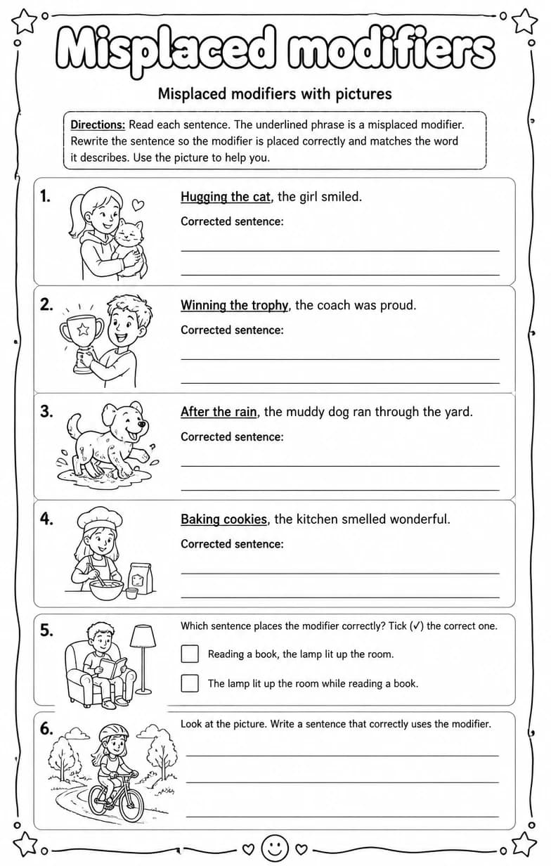 Misplaced modifiers with pictures — free printable Grammar and mechanics English worksheet