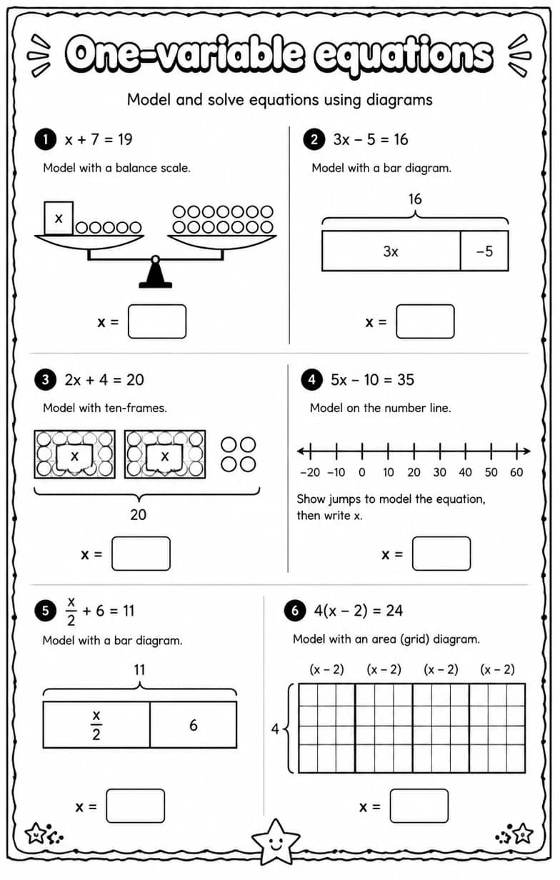 Model and solve equations using diagrams — free printable Grade 6 math worksheet