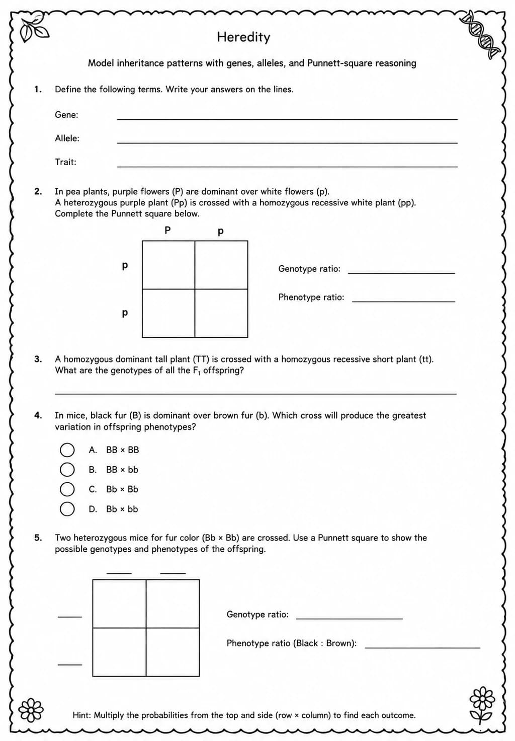 Model inheritance patterns with genes, alleles, and Punnett-square reasoning — free printable High School Science worksheet