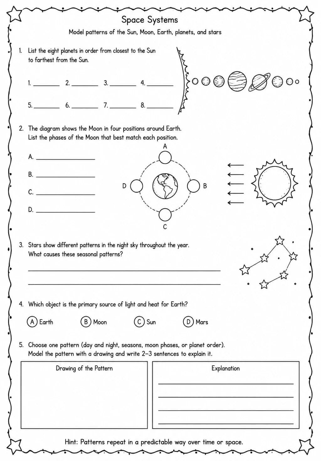 Model patterns of the Sun, Moon, Earth, planets, and stars — free printable High School Science worksheet