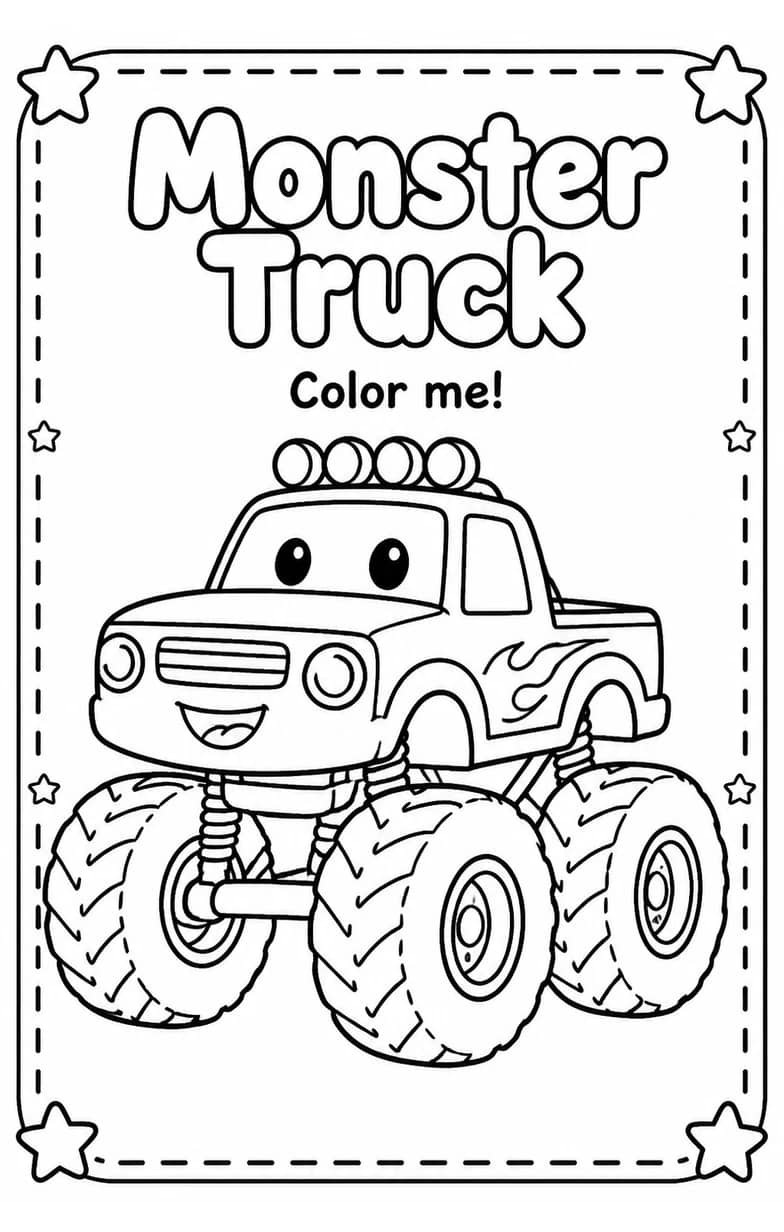 Monster Truck Coloring Pages — free printable Kindergarten Art worksheet