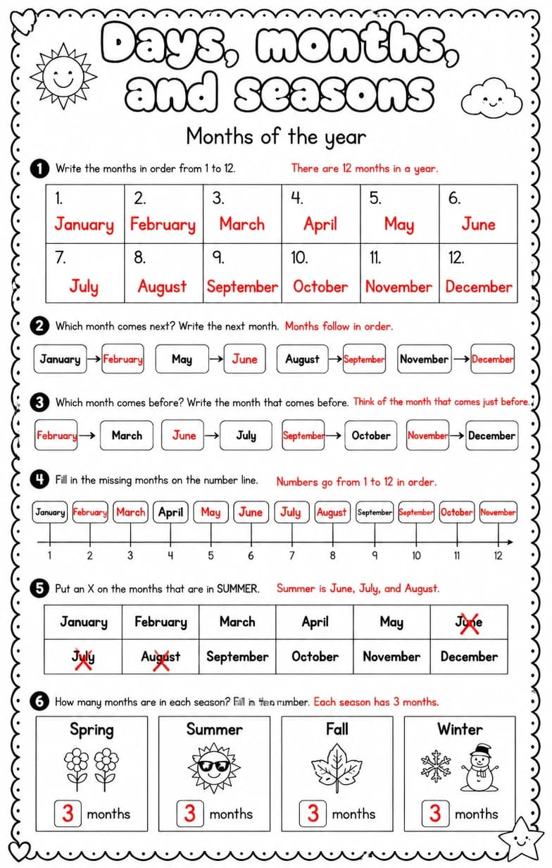 Answer key for Months of the year — free printable Math worksheet