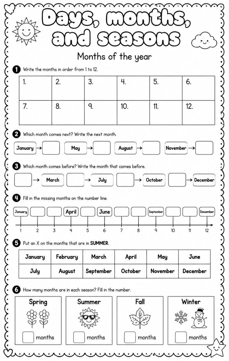 Months of the year — free printable Grade 1 Math worksheet