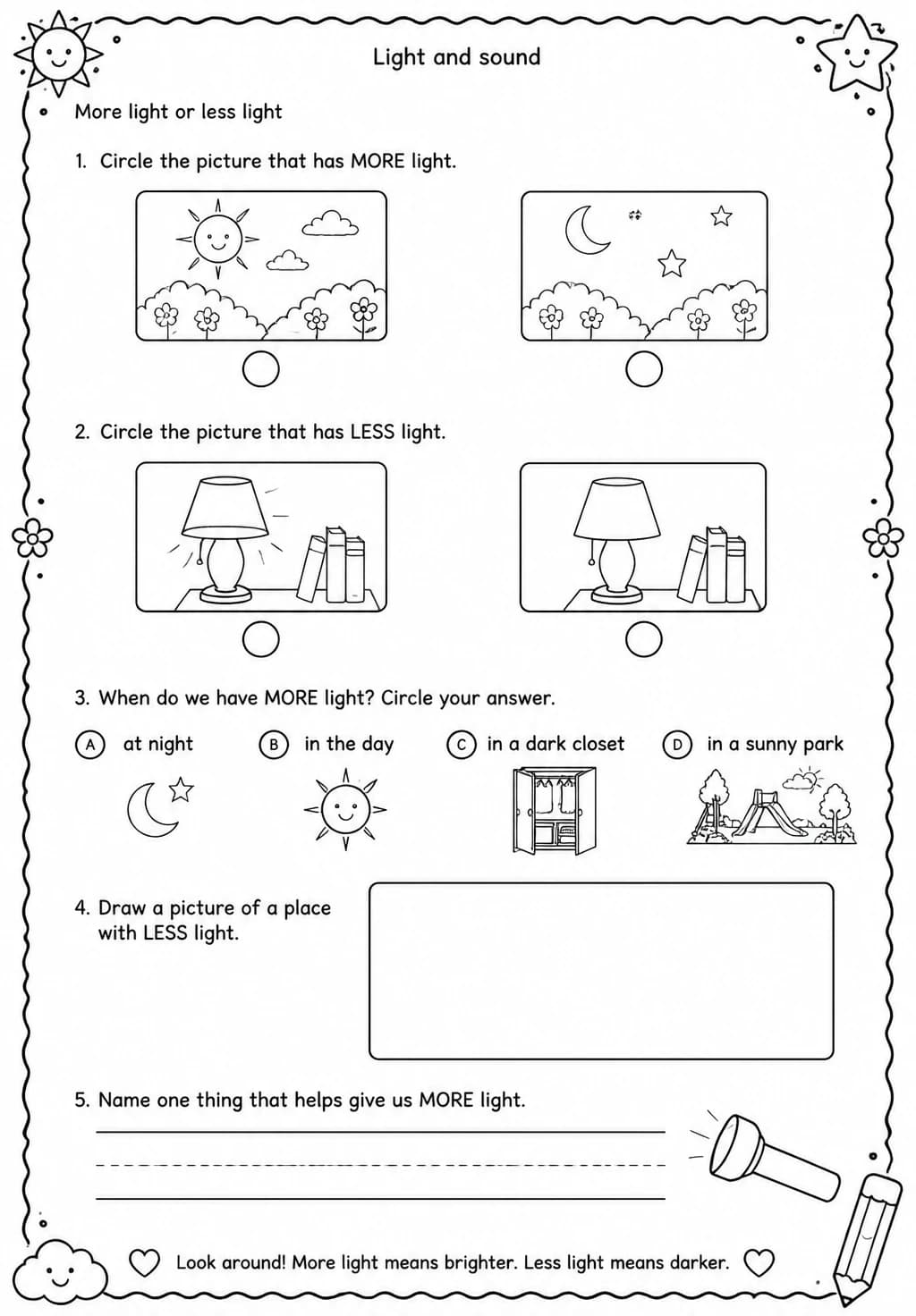 More light or less light — free printable Kindergarten Science worksheet