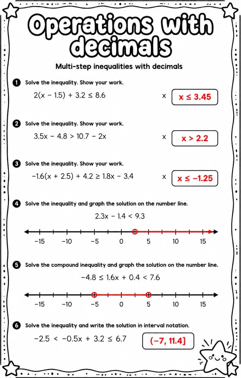 Answer key for Multi-step inequalities with decimals — free printable Math worksheet