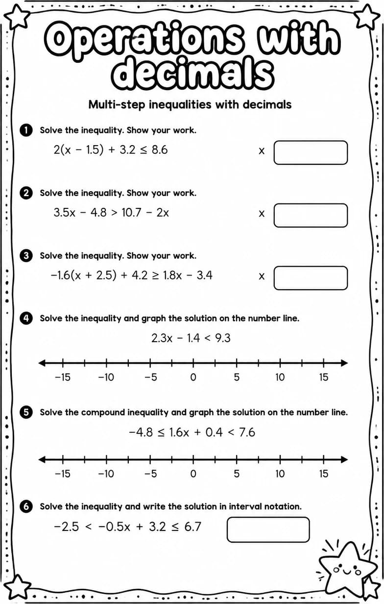 Multi-step inequalities with decimals — free printable Grade 7 math worksheet