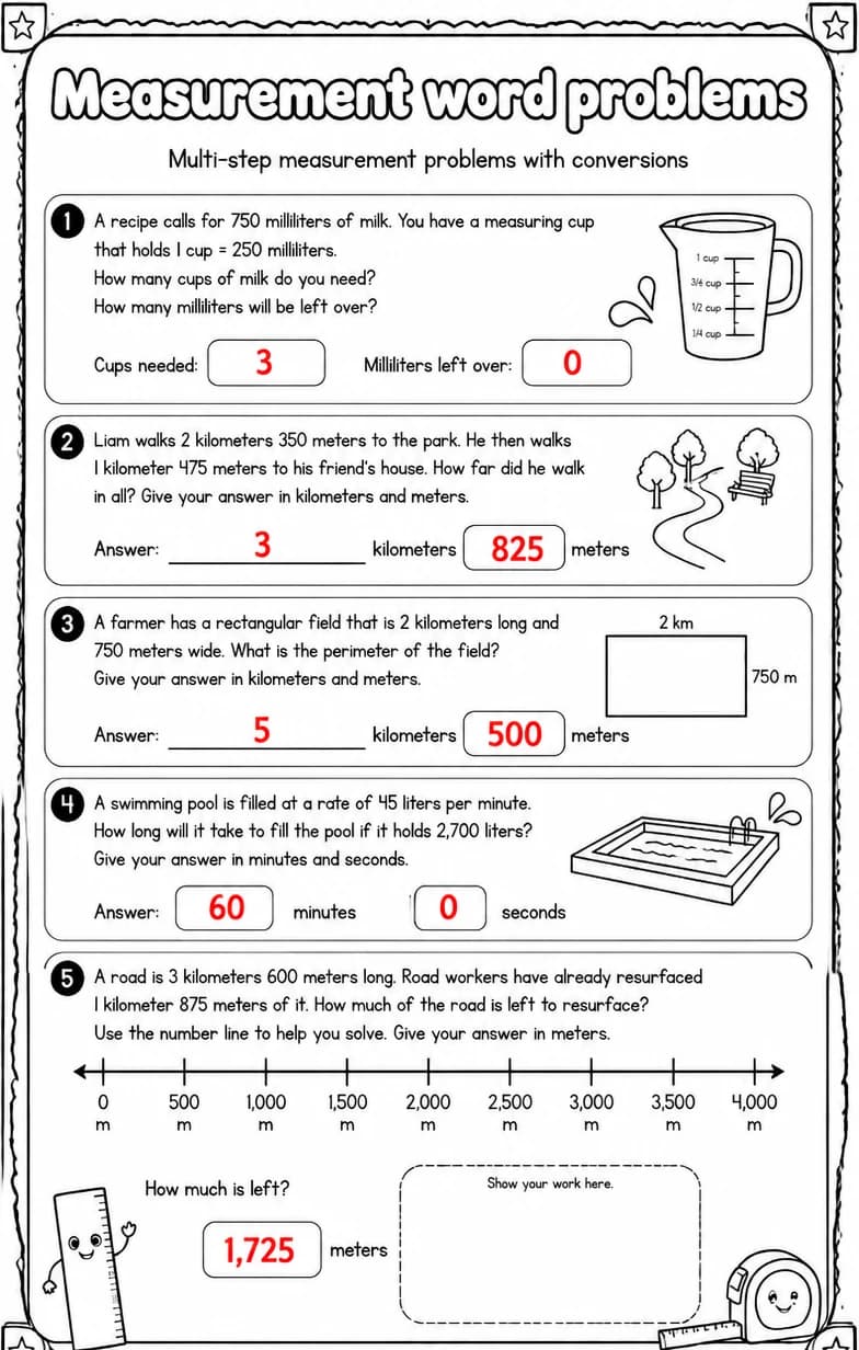 Answer key for Multi-step measurement problems with conversions — free printable Math worksheet