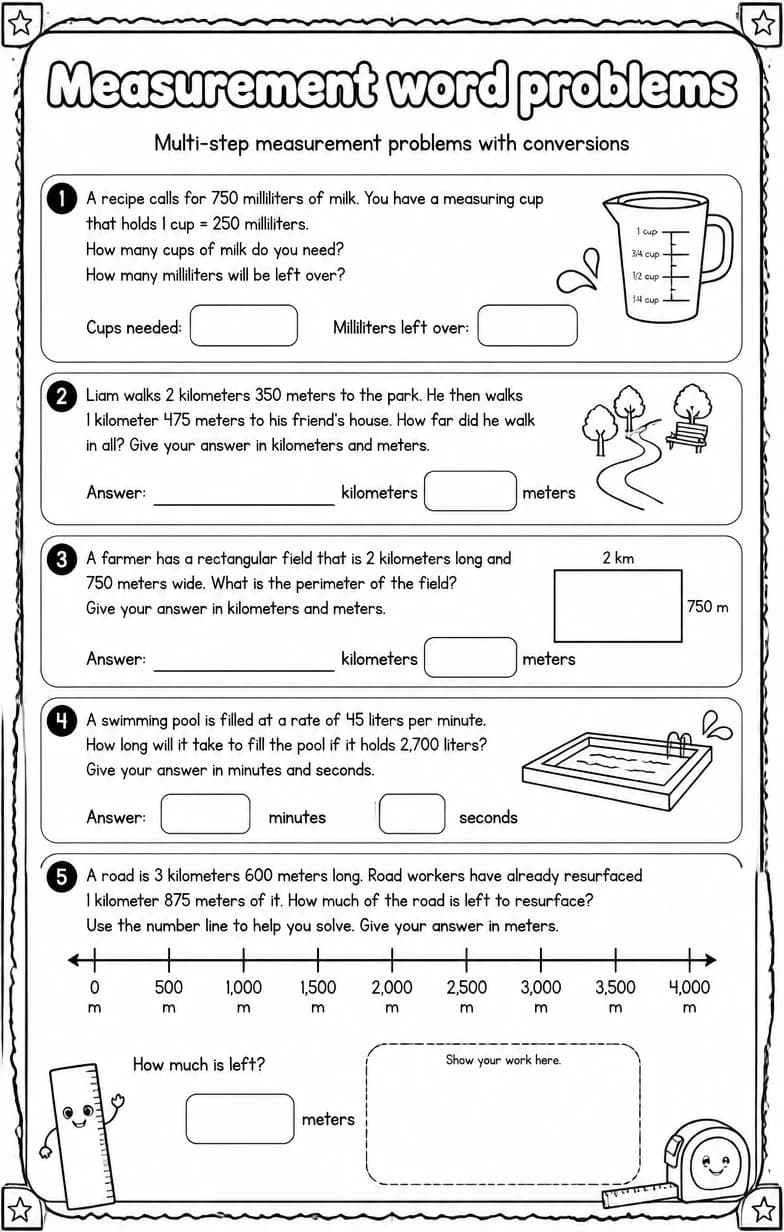 Multi-step measurement problems with conversions — free printable Grade 4 math worksheet