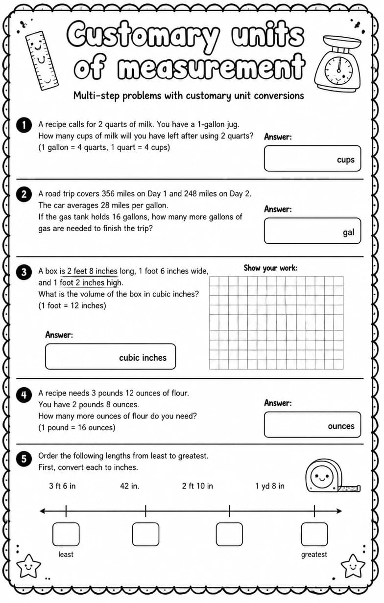 Multi-step problems with customary unit conversions — free printable Grade 5 Math worksheet