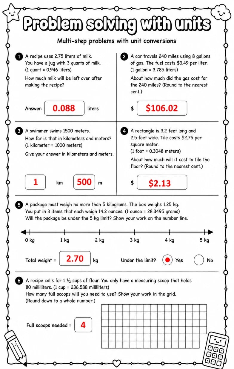 Answer key for Multi-step problems with unit conversions — free printable Math worksheet