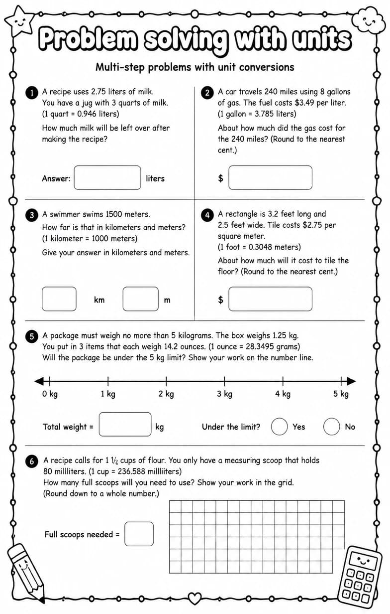 Multi-step problems with unit conversions — free printable Algebra 1 math worksheet