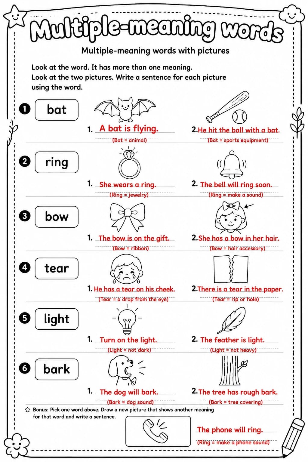 Answer key for Multiple-meaning words with pictures — free printable English & Reading worksheet