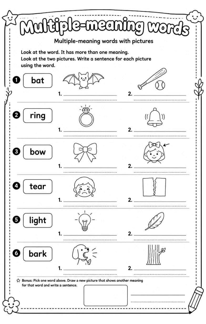 Multiple-meaning words with pictures — free printable Grade 1 English & Reading worksheet