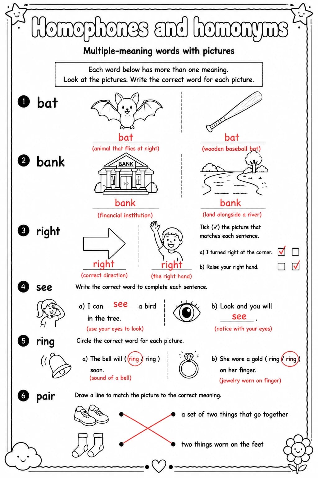 Answer key for Multiple-meaning words with pictures — free printable English & Reading worksheet